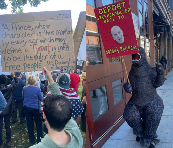 One sign says ''A
Prince, whose character is thus marked by every act which may define a tyrant is unfit to be the ruler of a free people
- U.S. Declaration of Independence' and the other is held by someone in a dinosaur costume and says 'DEPORT STEPHEN
MILLER BACK TO SATAN'S BUTTHOLE.'