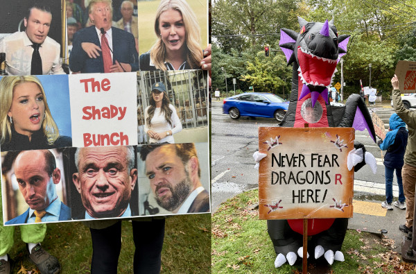 In one picture, a person holds
a sign divided into nine equal squares, 3 by 3. The middle square says 'The Shady Bunch' in the Brady Bunch font, and the others
have pictures of Donald Trump, RFK Jr., Pam Bondi, J.D. Vance, Stephen Miller, Kristi Noem, Pete Hegseth and Karoline Levitt. In
the other picture, a person in a black and red dragon costume holds a sign that says 'NEVER FEAR DRAGONS R HERE.'