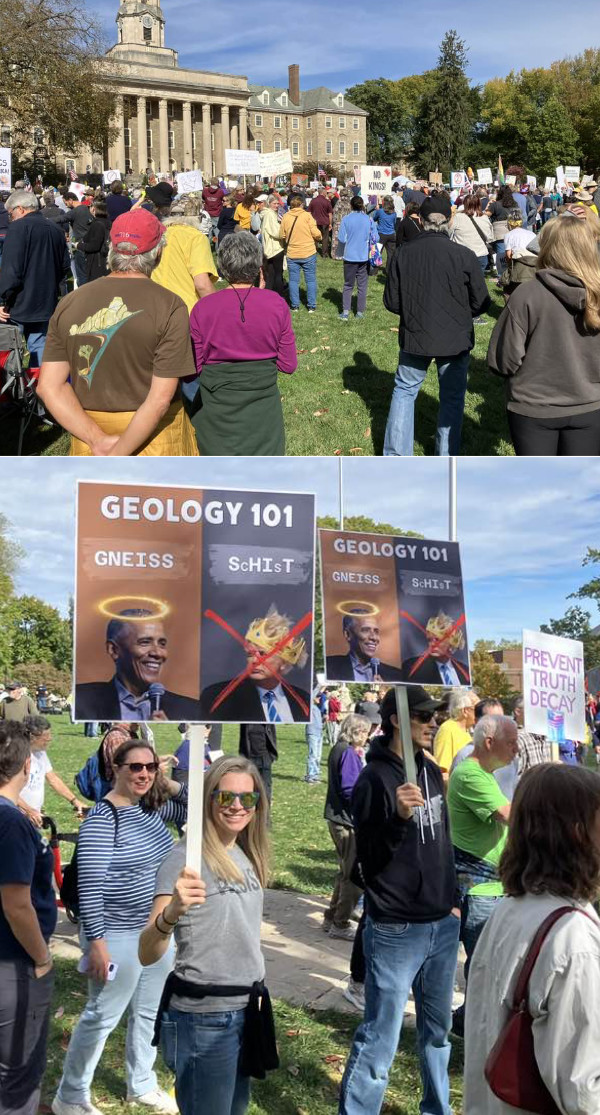 The top photo
shows a large crowd, the bottom photo shows a woman holding a sign that says 'Geology 101.' It has Barack
Obama on the left, with the caption 'GNEISS,' and Donald Trump on the right, with the caption 'SCHIST' and the
letters S-H-I-T are highlighted.'