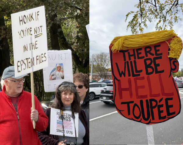 The picture on the 
left shows a man holding a sign that says 'Honk if you're not in the Epstein files' and the picture on the right shows
a silhouette of Donald Trump's head with the message 'There will be hell toupee.