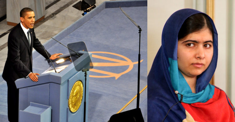 Barack Obama giving his Nobel lecture;
a profile shot of Malala Yousafzai