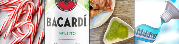 Candy Canes, a mojito, lamb chops and jelly, and a toothbrush with toothpaste