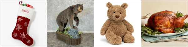 A stocking, a grizzly bear in a museum, a teddy bear, and a turkey that has been cooked and basted