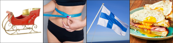 A sleigh, a woman measuring her waist, a Finnish flag and a sandwich with a fried egg on top of it