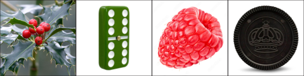 Some holly, a domino, a raspberry and a checker