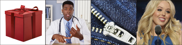 A box that has been wrapped and tied with ribbon, a doctor, a zipper and Tiffany Trump