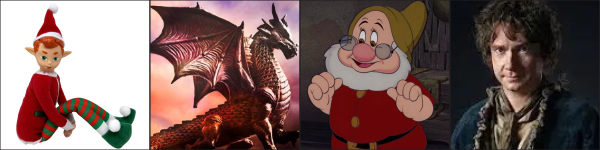 An elf, a dragon, Doc from Snow White and Frodo Baggins from LOTR