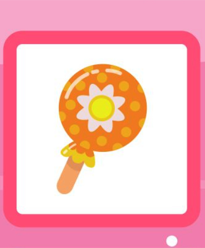 A card with a pink background,
and set within that a pink frame, and within that an orange lollipop