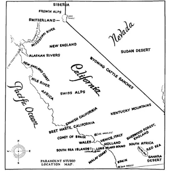 A pencil-drawn map of California
that identifies various places where filmmakers can 'fake' foreign settings, like 'Spanish California' in San Diego and
'The Sahara' in Nevada