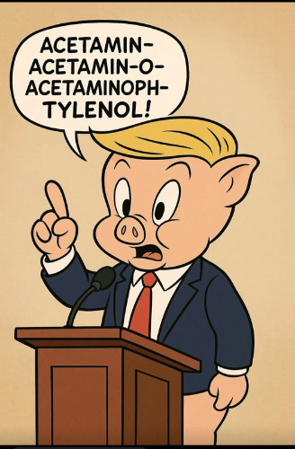 Porky Pig, with
hair and suit meant to suggest he is Trump, says 'ACETAMIN... ACETAMIN-O... ACETAMINOPH... TYLENOL!'