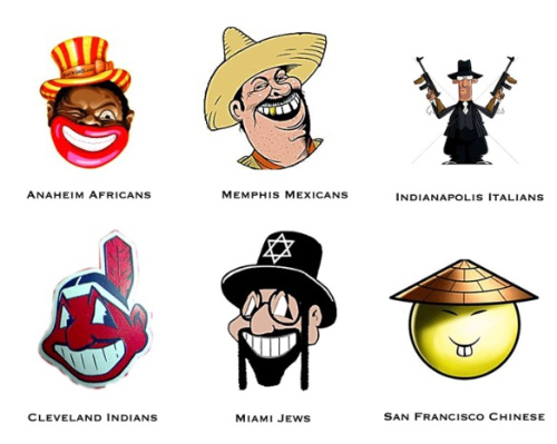 The old Cleveland Indians logo,
along with a bunch of other hypothetical logos based on ethnic stereotypes, like the Miami Jews, the Memphis Mexicans
and the Indianapolis Italians