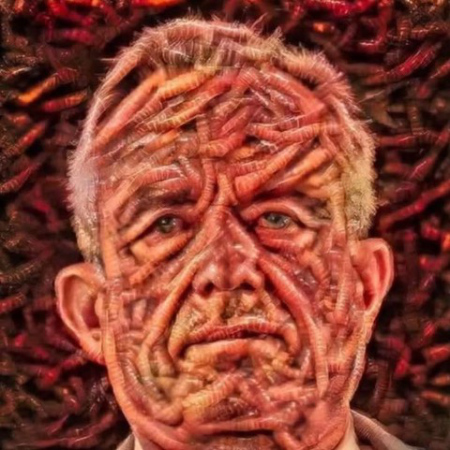 RFK's face and torso rendered entirely out of worms