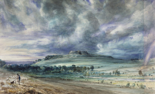 A painting with a greenish hill,
a storm brewing in the background, and one man and one dog in the foreground (and not actually standing on the hill)