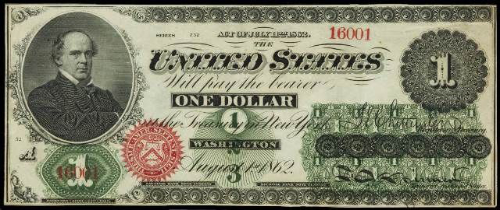 An 1862 $1 bill, featuring
a prominent picture of Chase on the left-hand side