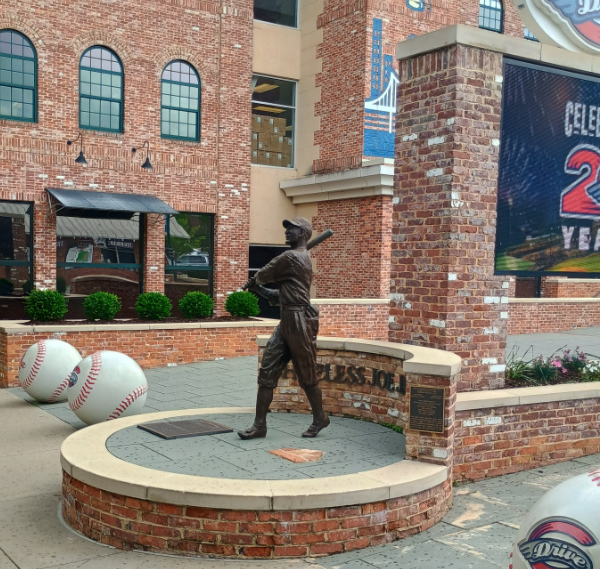 A very impressive bronze 
statue of Shoeless Joe Jackson is the focal point of a plaza outside a minor league park