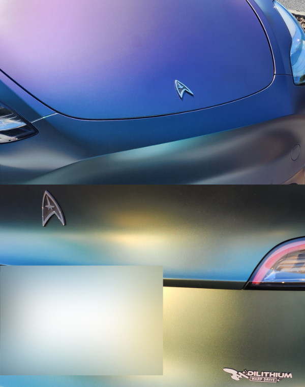 A Tesla's badges have been replaced
with the insignia of the United Federation of Planets, while the badge about the power source has been replaced with 
'dilithium-powered'