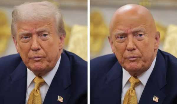 Two pictures of Trump,
one normal, the other with a big, bald, orange head