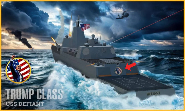 A drawing of the ship,
with an inset drawing of Trump raising his fist after being shot. The inset drawing also appears on the exterior of the ship.