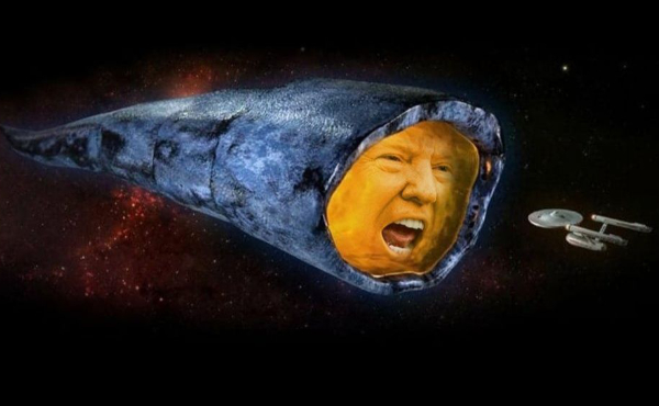 The Enterprise
faces off against the planet-eating entity from the original series, except that Donald Trump's face has been
pasted in, so it looks like a giant Trump-faced cone