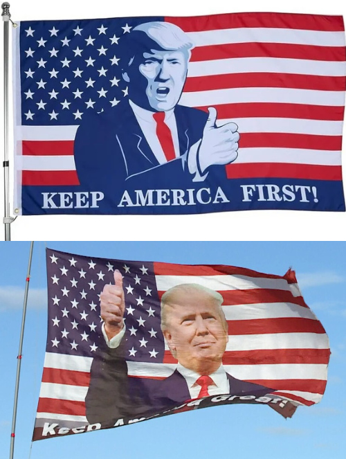 Two flags where Trump's image has been
superimposed over the stars and stripes