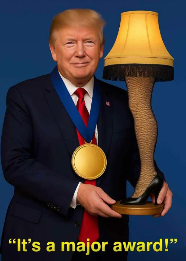 Trump holding a copy of
the woman's leg lamp from 'A Christmas Story'