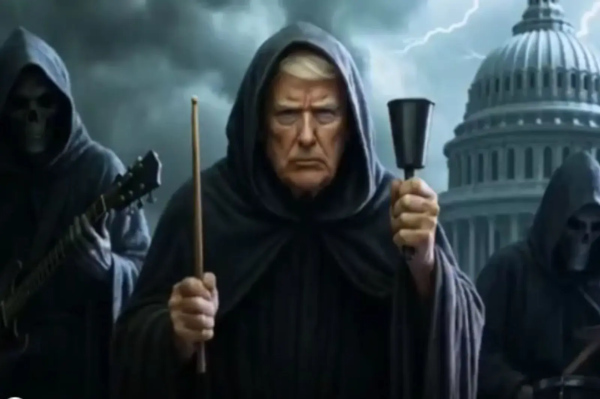 Trump wearing a black,
hooded cloak, and holding a cowbell and a drum stick.