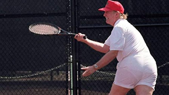 A picture of Trump playing tennis, highlighting his considerable posterior