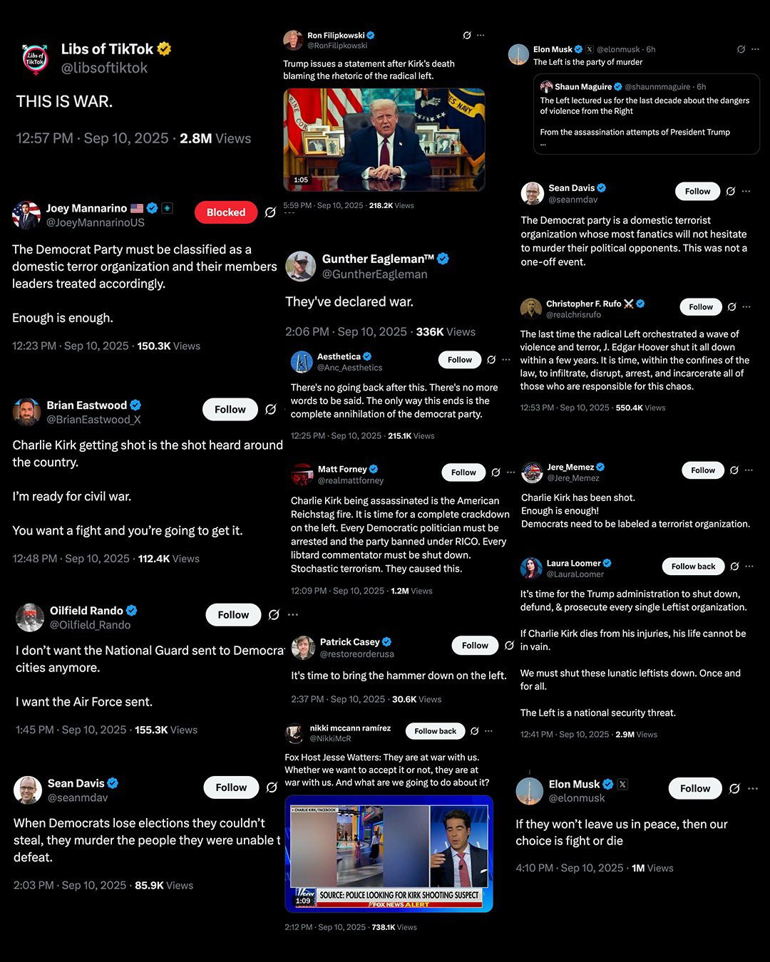 About 15 tweets, many from
prominent people like Laura Loomer, calling for Democrats to be rounded up, outlawed, etc.