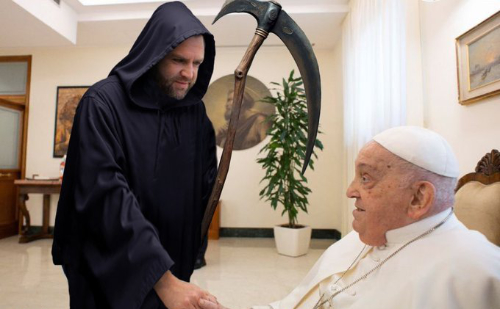 A picture of J.D. Vance
shaking the Pope's hand, but someone has used Photoshop to replace Vance's suit with a black robe, and to put a scythe
in his hand, so he looks like the Grim Reaper