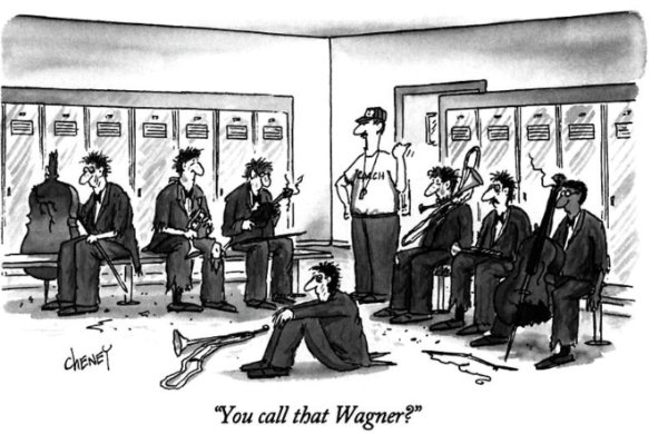 It is clearly from The New Yorker,
and shows a conductor dressed like a coach, talking to musicians in a locker room, with the musicians bruinsed and battered.
The caption is: 'You call that Wagner?'