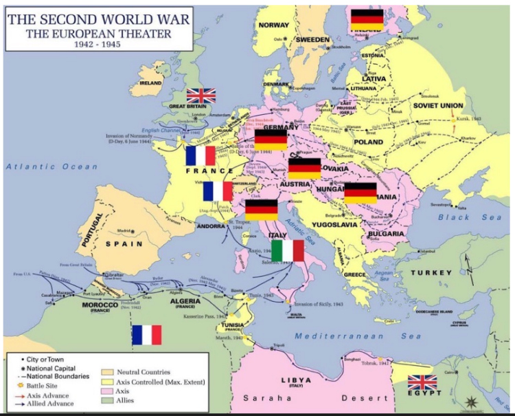 A map of Europe with
flags representing the German, Italian, British and French armies, and many terrible misspellings