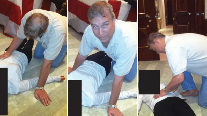 Andrew Mountbatten-Windsor hovering above a girl on the floor