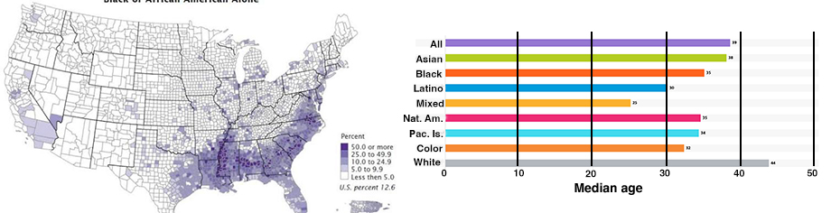 On left, percentage of Blacks by country, on right, median age by race