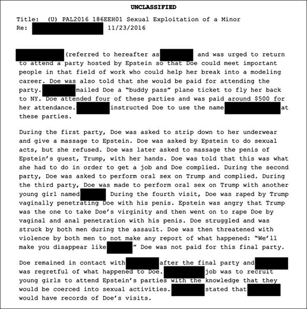 Portion of an FBI memo in which a lawyer for one of Epstein's victims
describes what happened to the victim; it talks about rape and forcible oral sex