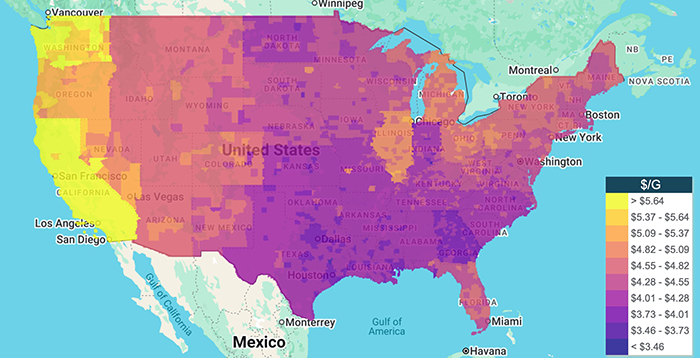 Map showing gas prices