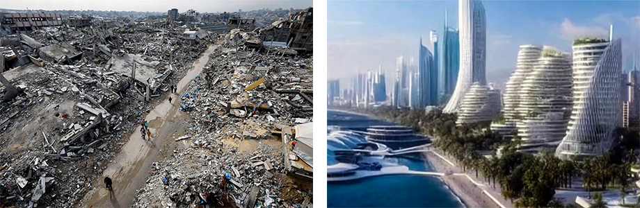 Current photo of Gaza and AI-generated image of Gaza full of skyscrapers