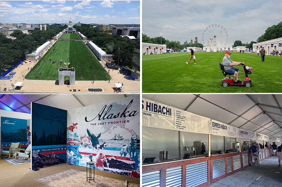 Four
photos of Great American Fair. The first shows the national mall, with booths lining both sides, and there's maybe a few
hundred people total, with a fake Arc de Trump in the foreground. The second shows a guy in a golf cart crossing the
mall, and there are maybe 10 people near him. The third shows state-themed booths--with Alaska visible-and there are no
staff or patrons. The fourth shows food booths, and there are again no staff or patrons.