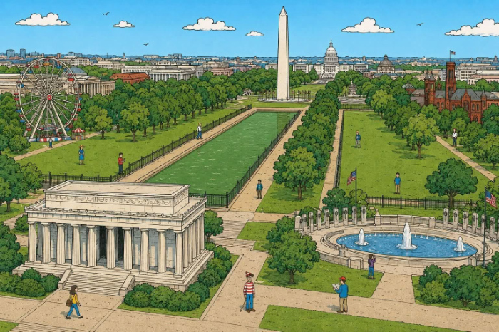 It's a cartoon-style drawing, with various landmarks like the Washington Monument. Waldo is front and center,
and easily identified, because there are only a couple of other people in the image'