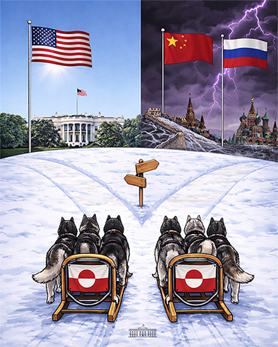 White House cartoon about Greenland with two paths: The America path or the Russo-Chinese path