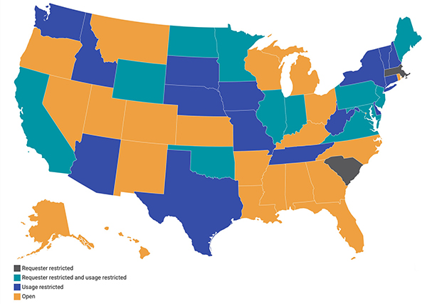 Map of U.S. showing how states deal with voter lists