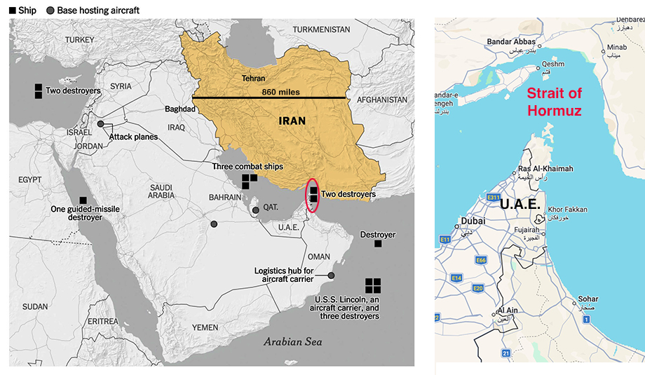 Map showing warships near Iran
