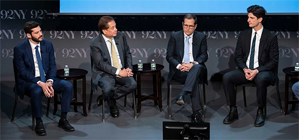 Alex Bores, George Conway, Micah Lasher, and Jack Schlossberg at a candidate forum
in April