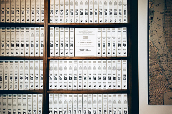 Exhibition of the Epstein files, they are lined up on a shelf, like in a library