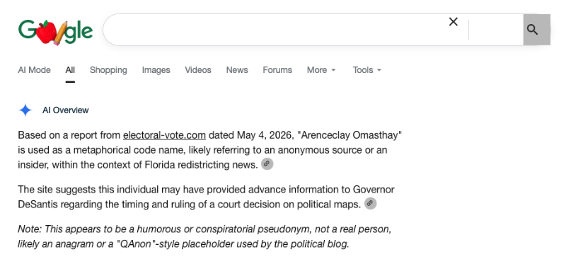 The reader searched Grok
for information on 'Arenceclay Omasthay,' and AI correctly identified Electoral-Vote.com as the sources, but guessed
that it's a QAnon thing.