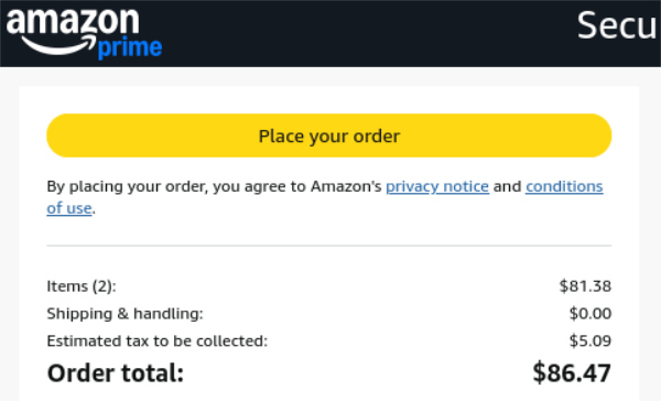 An Amazon order adds up to
86.47