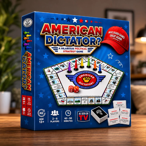 The box for the board game
AMERICAN DICTATOR. The board pictured on the cover looks like a Trivial Pursuit board, though it has five sides instead
of six.