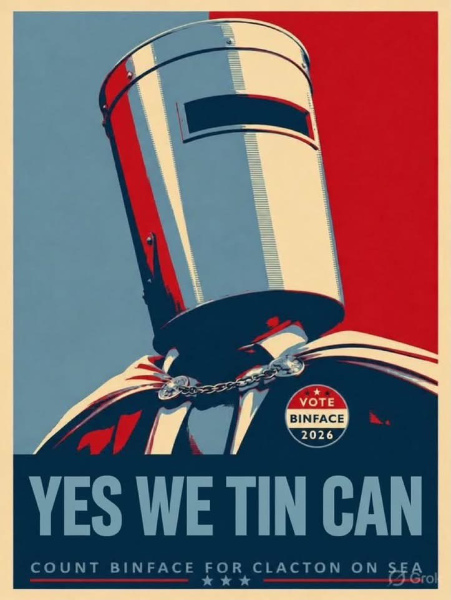 It's a parody of the Obama
'Hope' poster, with the tagline 'YES WE TIN CAN'
