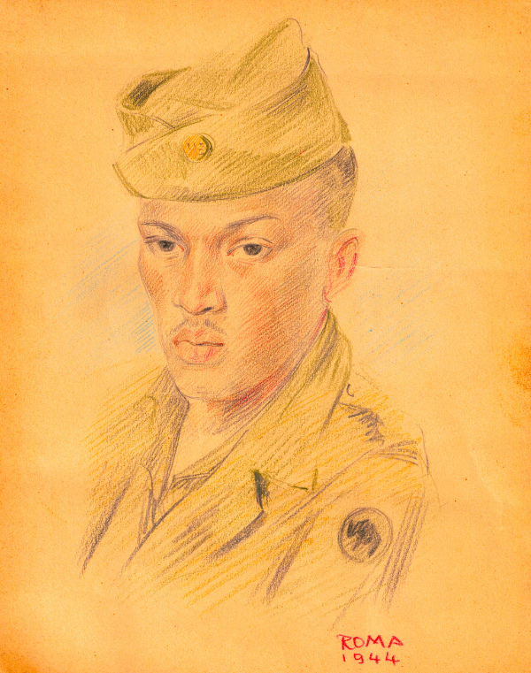 A color-pencil
drawing of a handsome young Black man in his uniform
