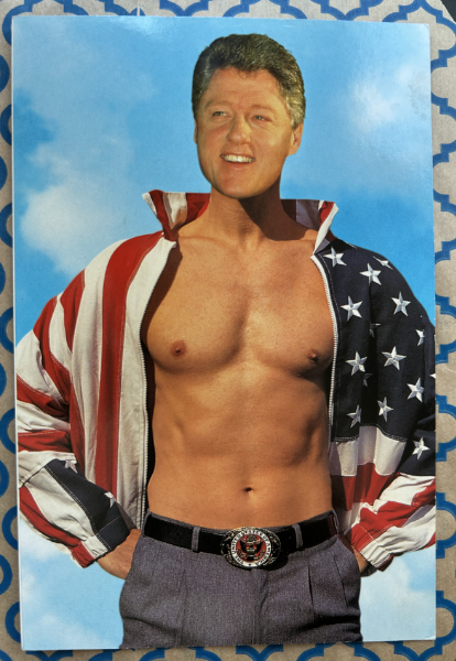 Someone has photoshopped
Bill Clinton's head onto a beefcake shot of a younger man with a well-defined chest and abs