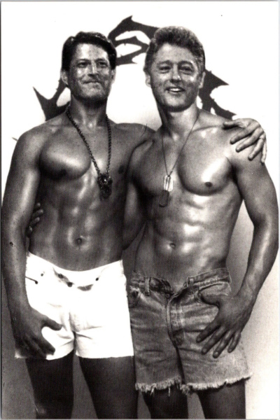 A beefcake shot of Al Gore's
and Bill Clinton's heads photoshopped onto the very fit bodies of two much younger men wearing cutoff shorts